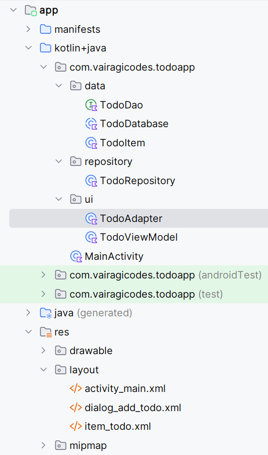 Mastering room database using kotlin: Complete Guide with CRUD Operations Project structure todo app
